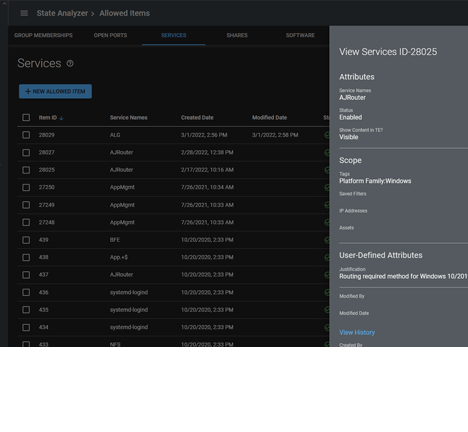 Tripwire State Analyzer services screen