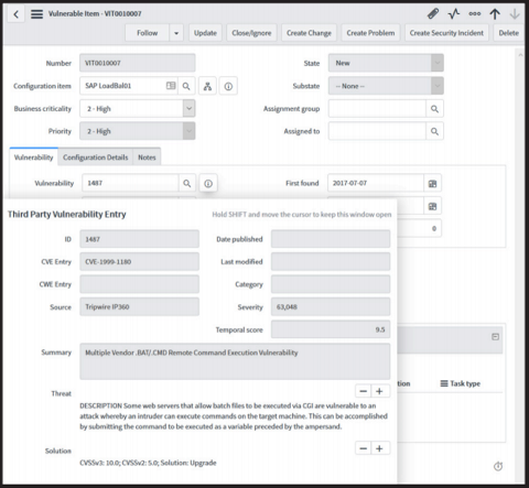 ServiceNow application screen showing vulnerable item details