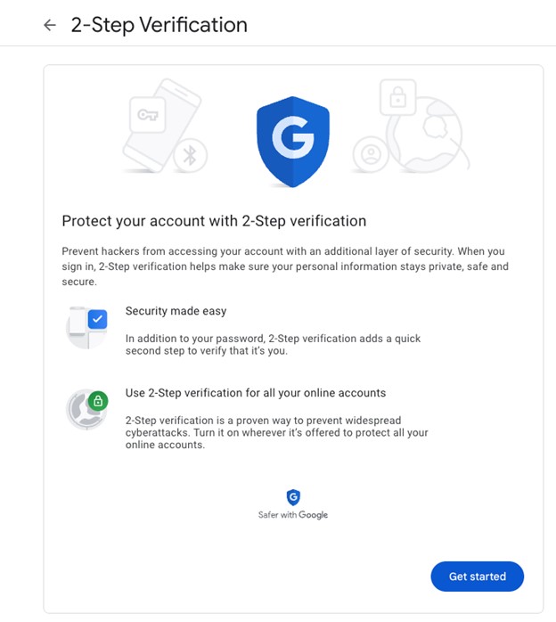 Google Gmail Account dashboard 2 step verification 