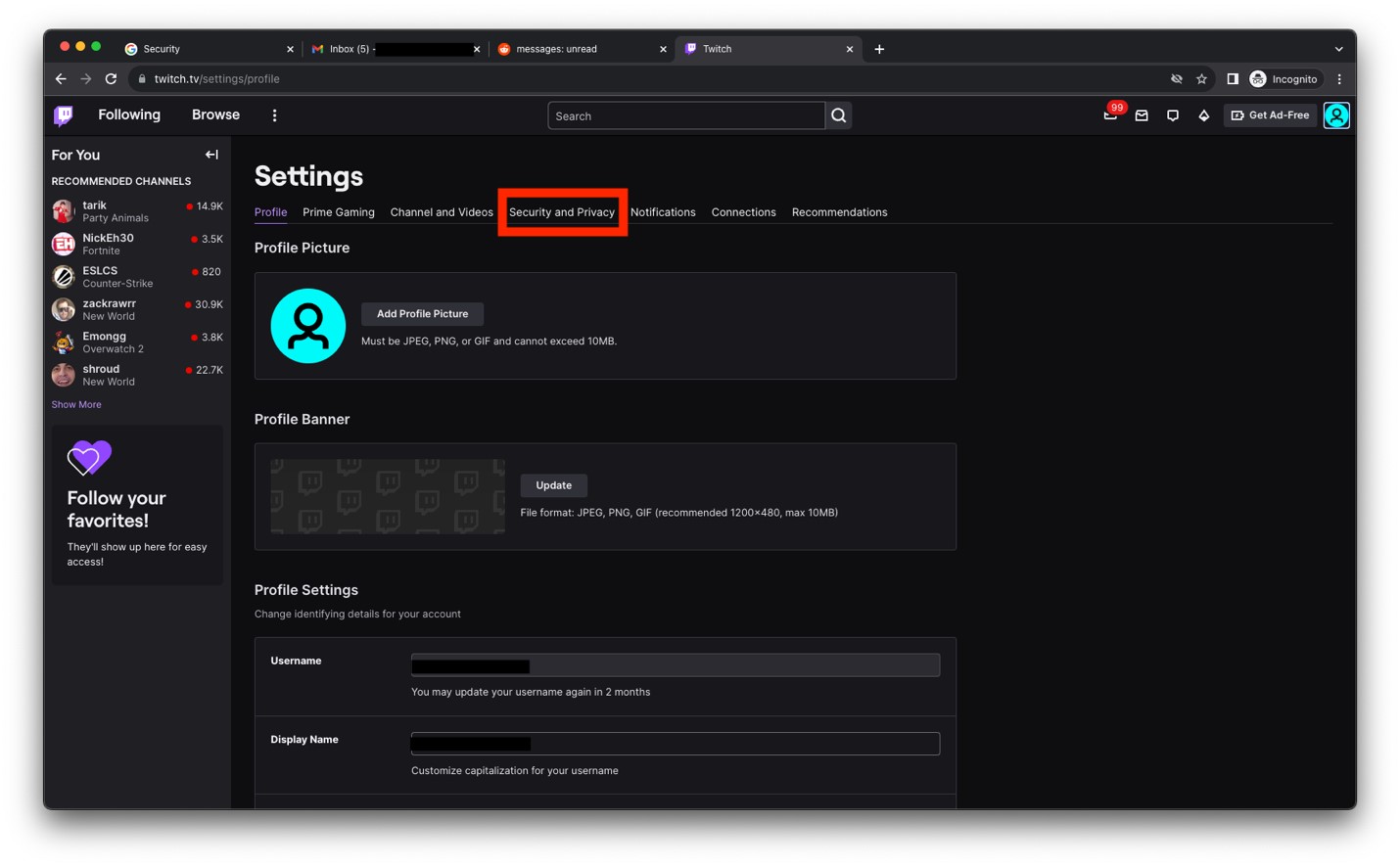 Twitch website settings