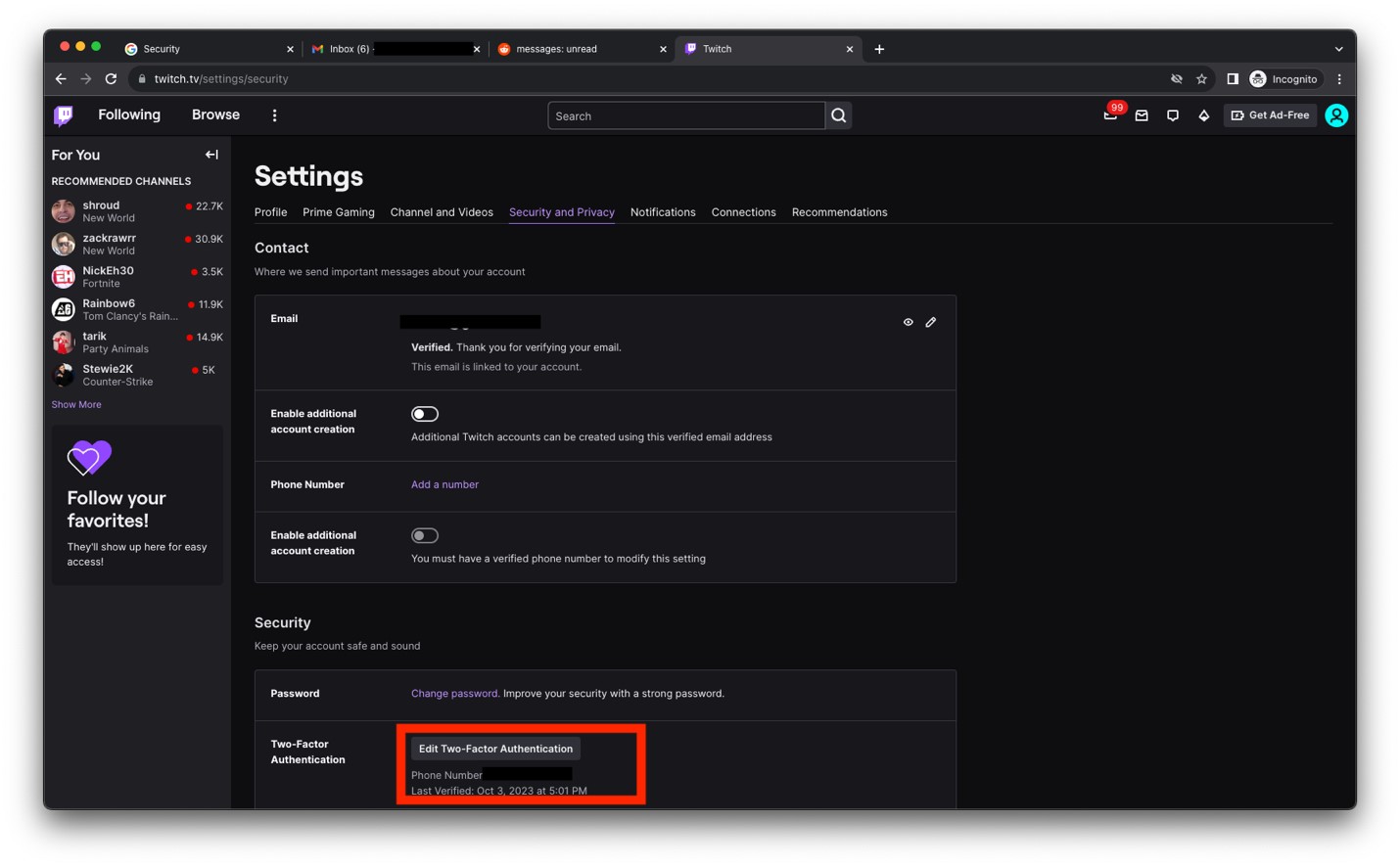 Twitch website settings